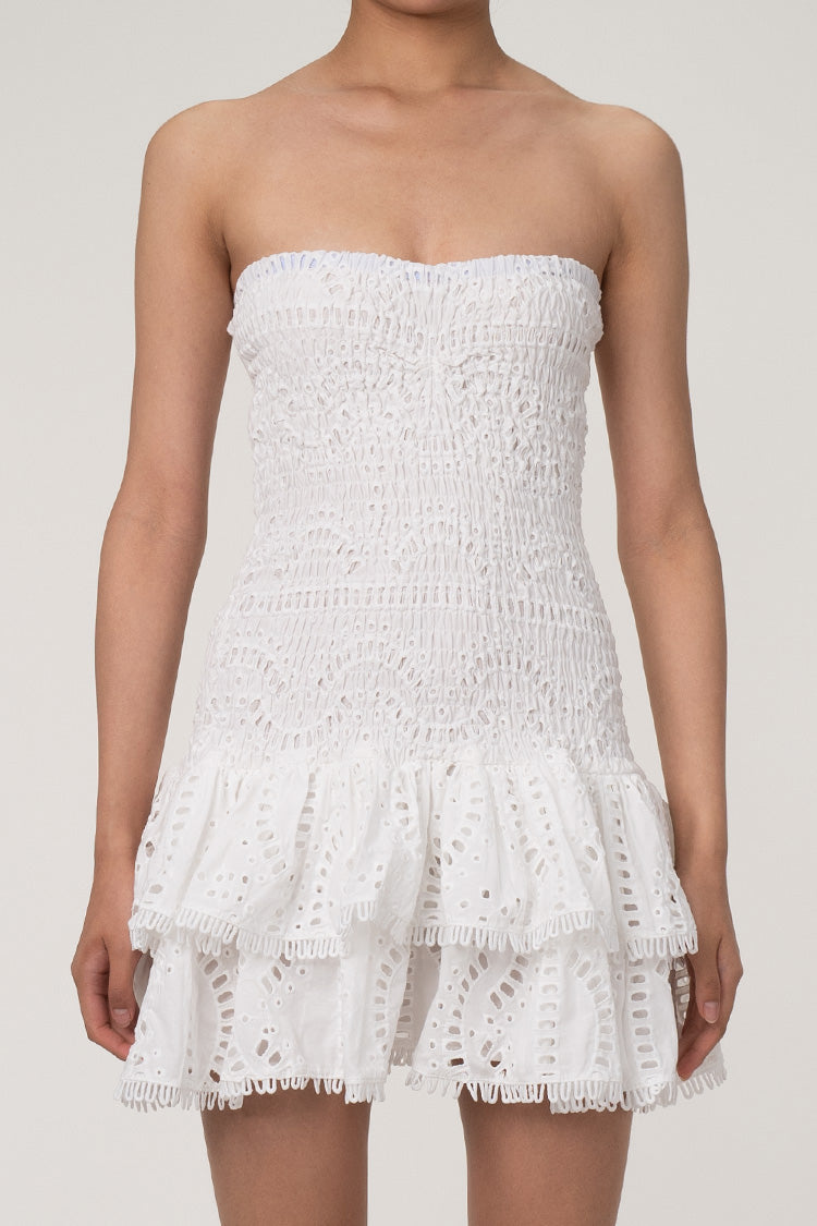 Cute Strapless Smocked Broderie Anglaise Ruffle Tiered Party Mini Dress - Fashionpara