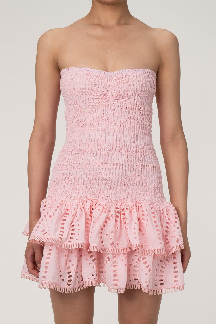Cute Strapless Smocked Broderie Anglaise Ruffle Tiered Party Mini Dress - Fashionpara