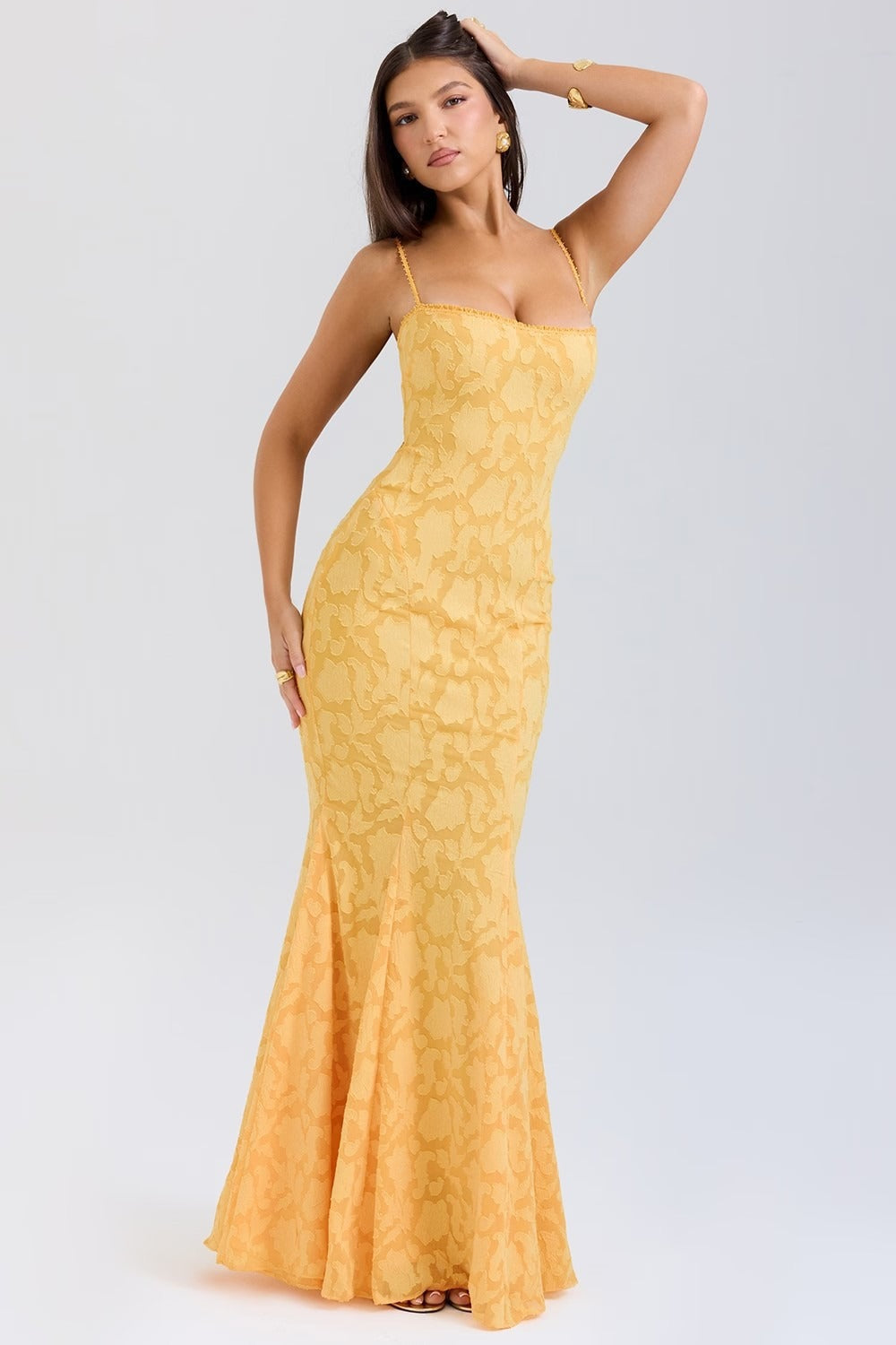 Jacquard Mermaid Cami Maxi Lace Dress - View 8 | VelvetHem