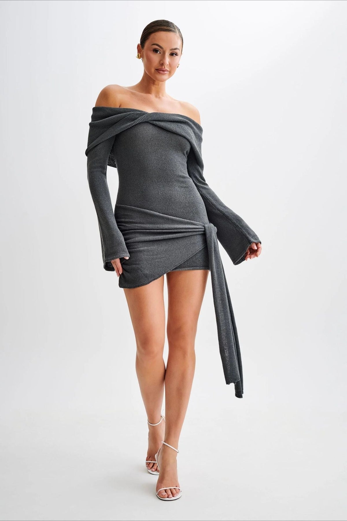 Sheer Spaghetti Strap Off-Shoulder Fitted Knit Maxi Sweater Dress - View 2 | VelvetHem
