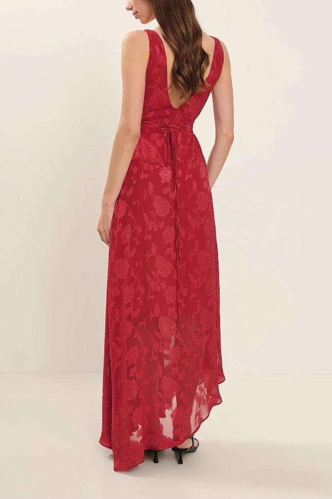 Irregular Hem Red Backless Lace Dress - View 3 | VelvetHem