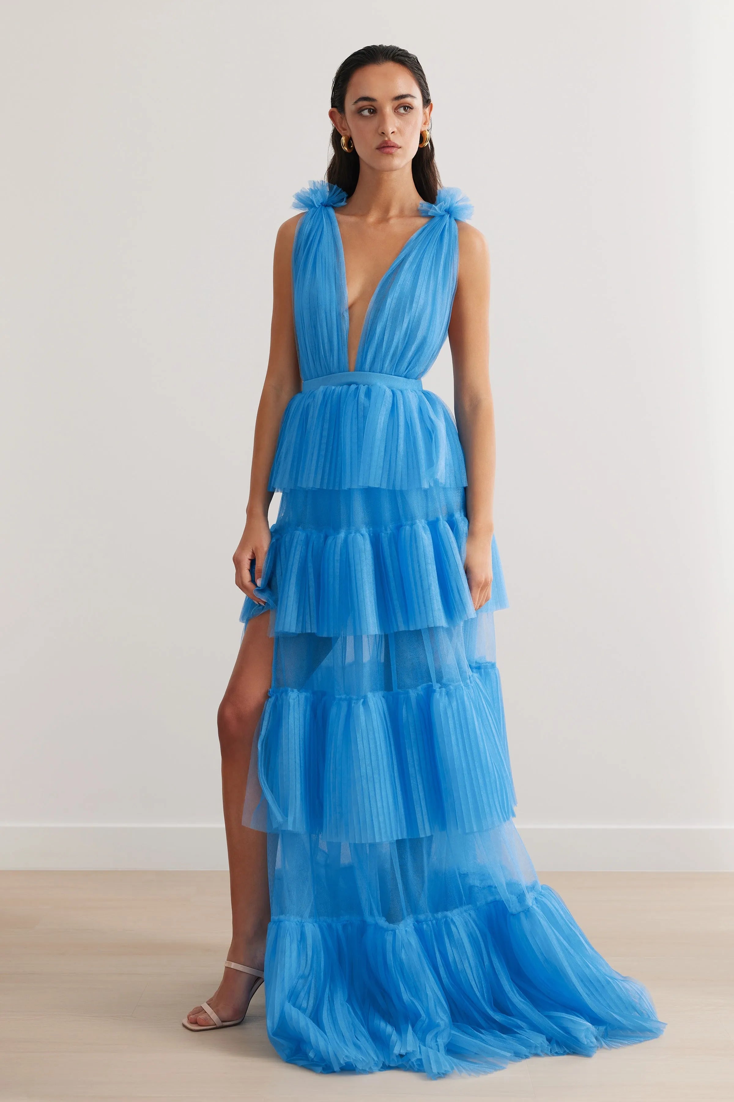 Blue Prom Dresses V Neck Special Occasion Dress Tiered Tulle Backless Side Split Wedding Party Gown Graduation Dress