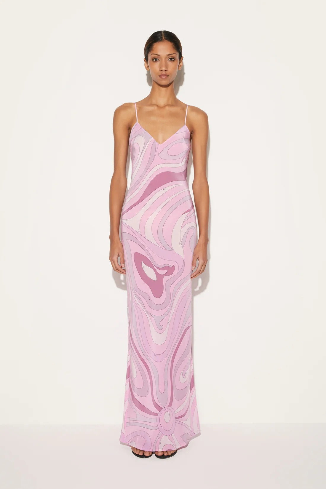 Printed Satin Cami Slit Silk Dress - View 2 | VelvetHem