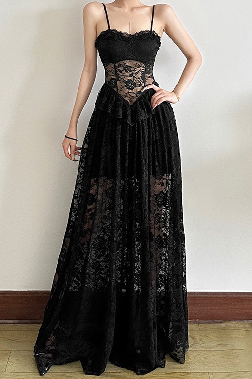 Sleeveless Ruffled Waist Maxi Lace Dress - View 2 | VelvetHem