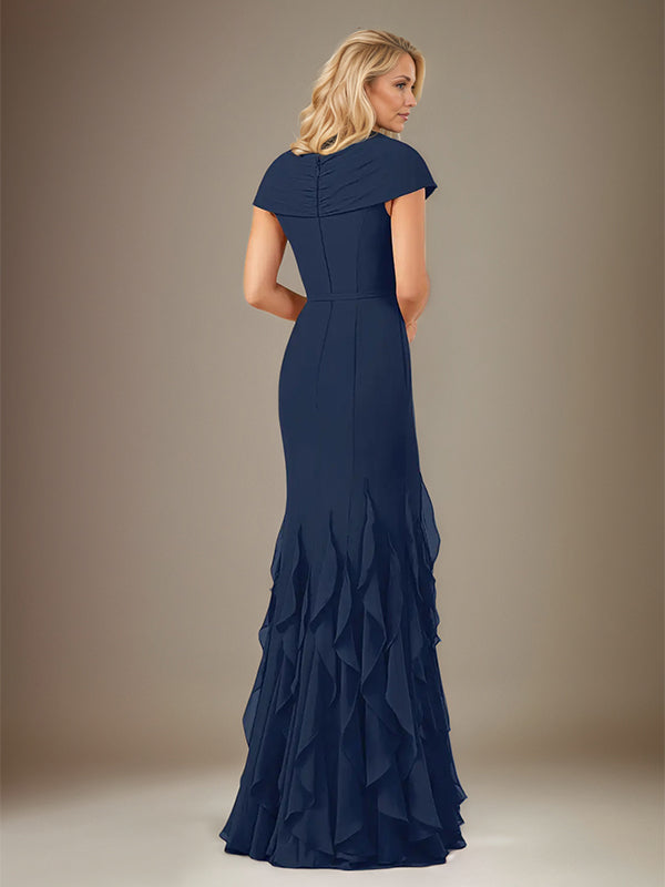 Dark Navy Chiffon V-Neck Short Sleeves Floor Length Dress