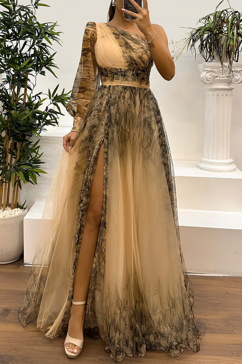 Sexy Prom Floral Print Slit Mesh Flower Shape Sloping Shoulder Evening Dresses(6 Colors) - View 5 | VelvetHem
