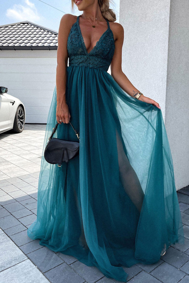 Sexy Solid Lace Mesh V Neck Evening Dress Dresses - View 3 | VelvetHem