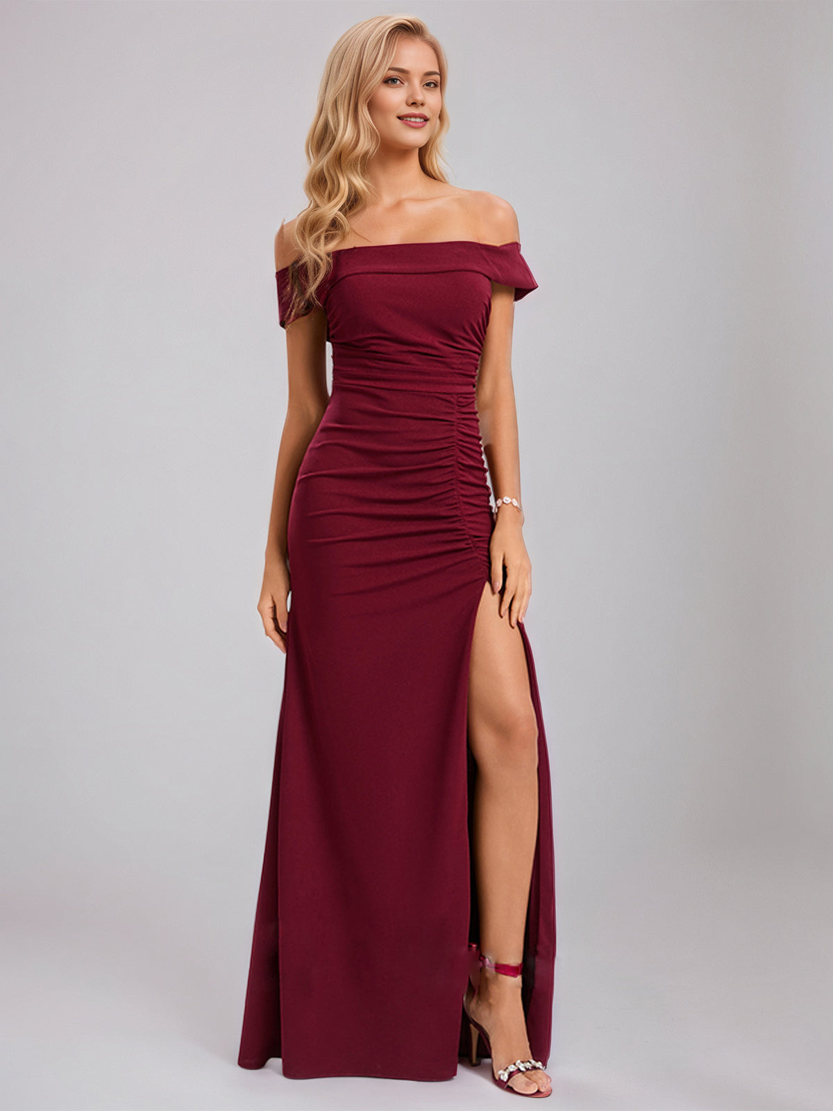 Trumpet/Mermaid Off the Shoulder Floor-Length Stretch Crepe Bridesmaid Dress With Ruffle