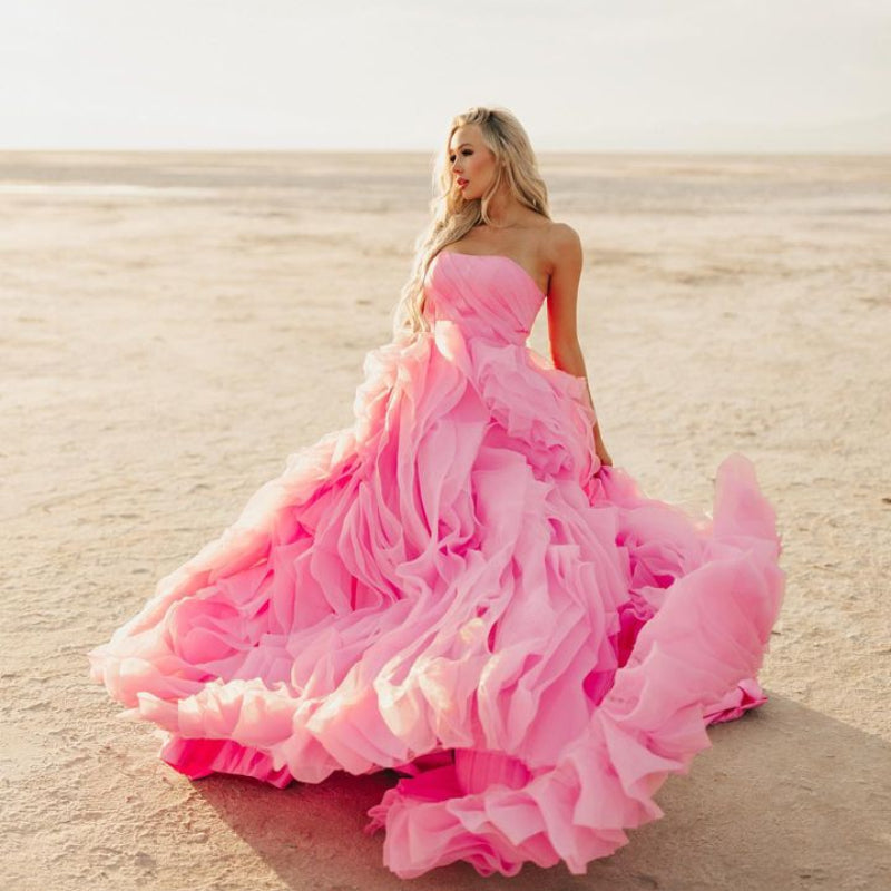 Elegant Pink Petal Ruffle Prom Party Dresses Long Strapless Bridal Photography Dress Beach Boho Maternity Photo Shoot Gowns - View 3 | VelvetHem