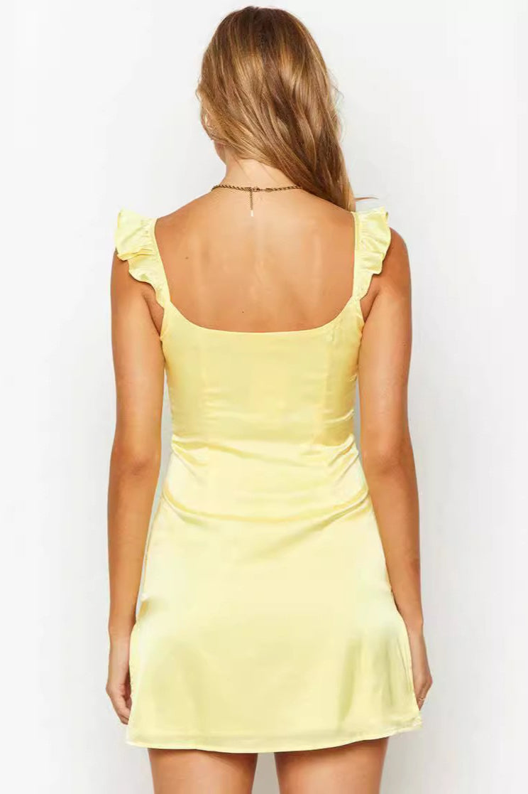 Solid Satin Ruffled Strap Sleeveless Mini Silk Dress - View 4 | VelvetHem