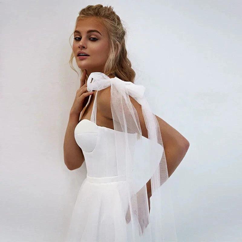 Simple White Tulle Wedding Dresses Boho Bow Spaghetti Straps A-Line Beach Wedding Party Gowns Abito Da Sposa 2021 (ZD13492)