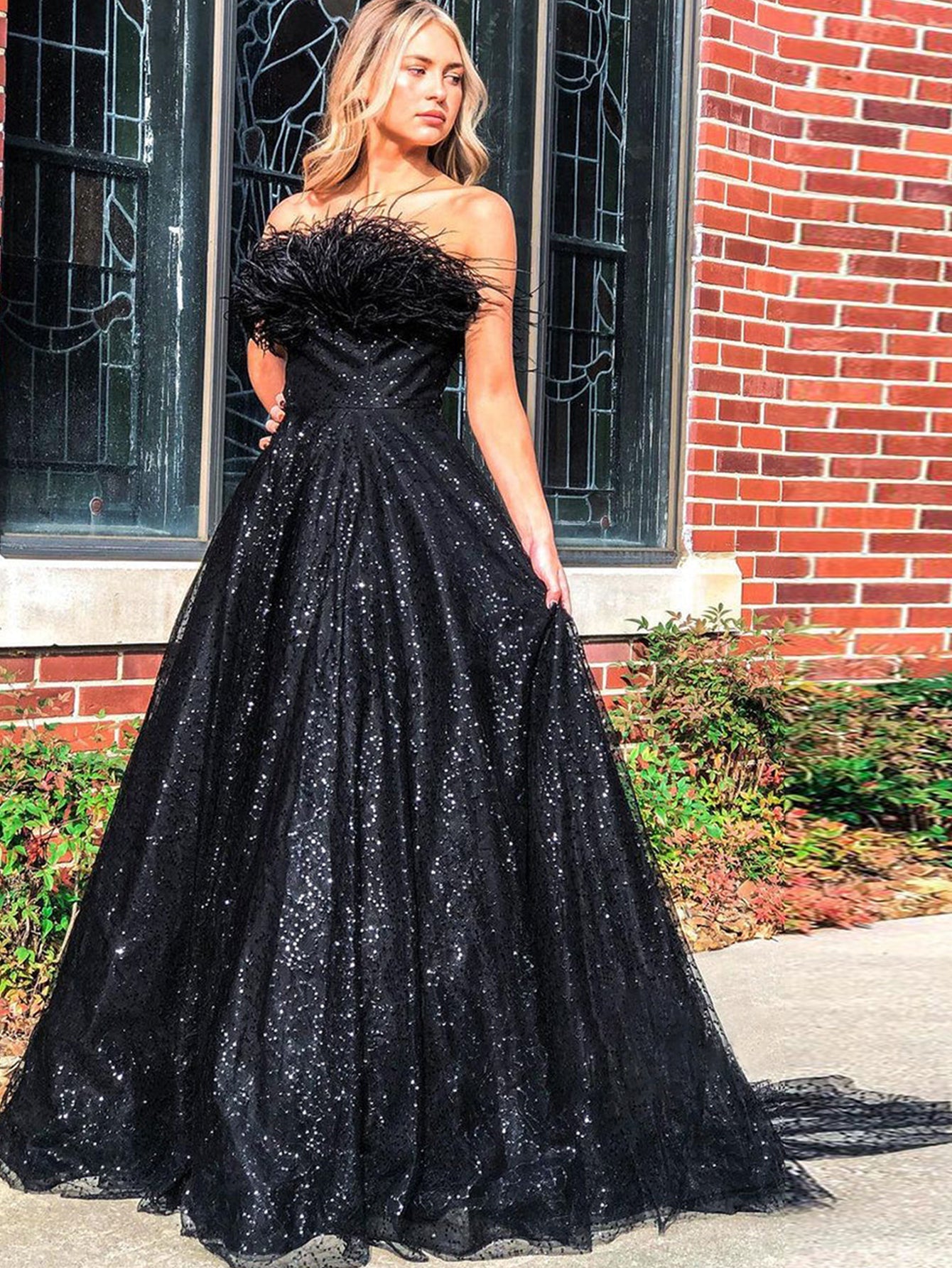 A Line Sequins Strapless Black Long Prom Dress - Fashionpara