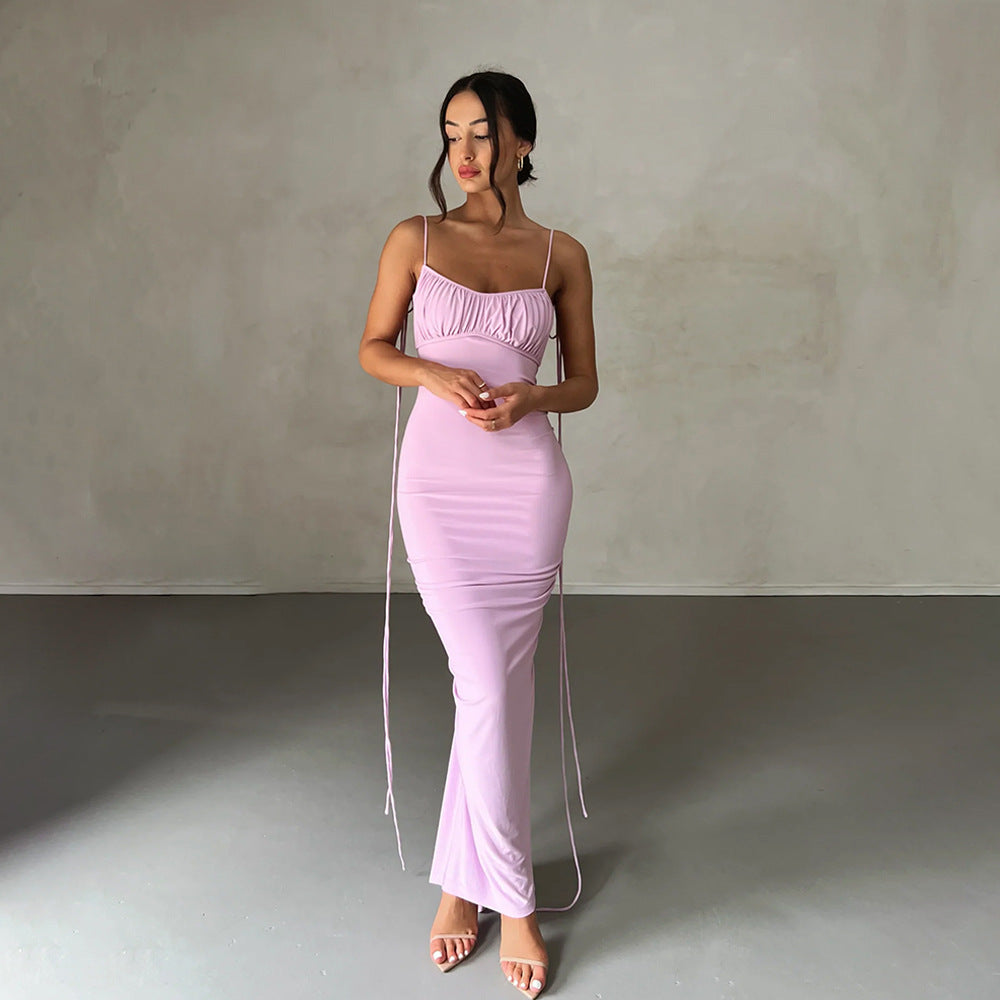 Women Sexy Dress Sexy Backless Pleated Dress Evening Dress Sleeveless Strap Dress for Women - View 5 | VelvetHem