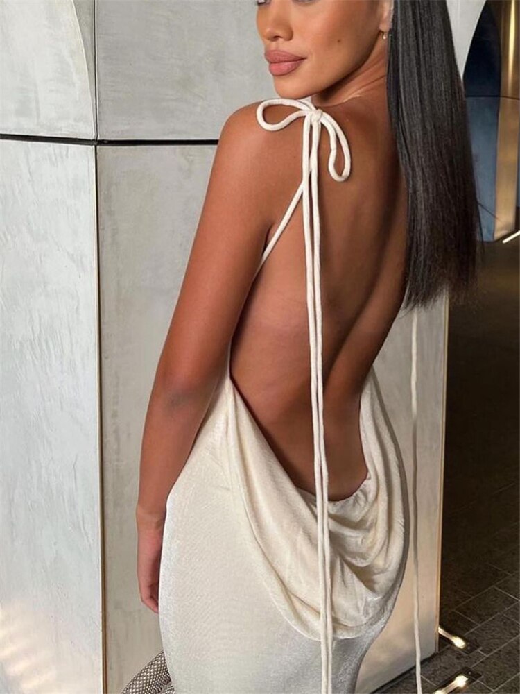 Tossy Women Sexy Swing Collar Backless Sleeveless Maxi Prom Dress Drawstrings Elegant Bodycon Solid Party Dresses 2022 Summer - View 2 | VelvetHem