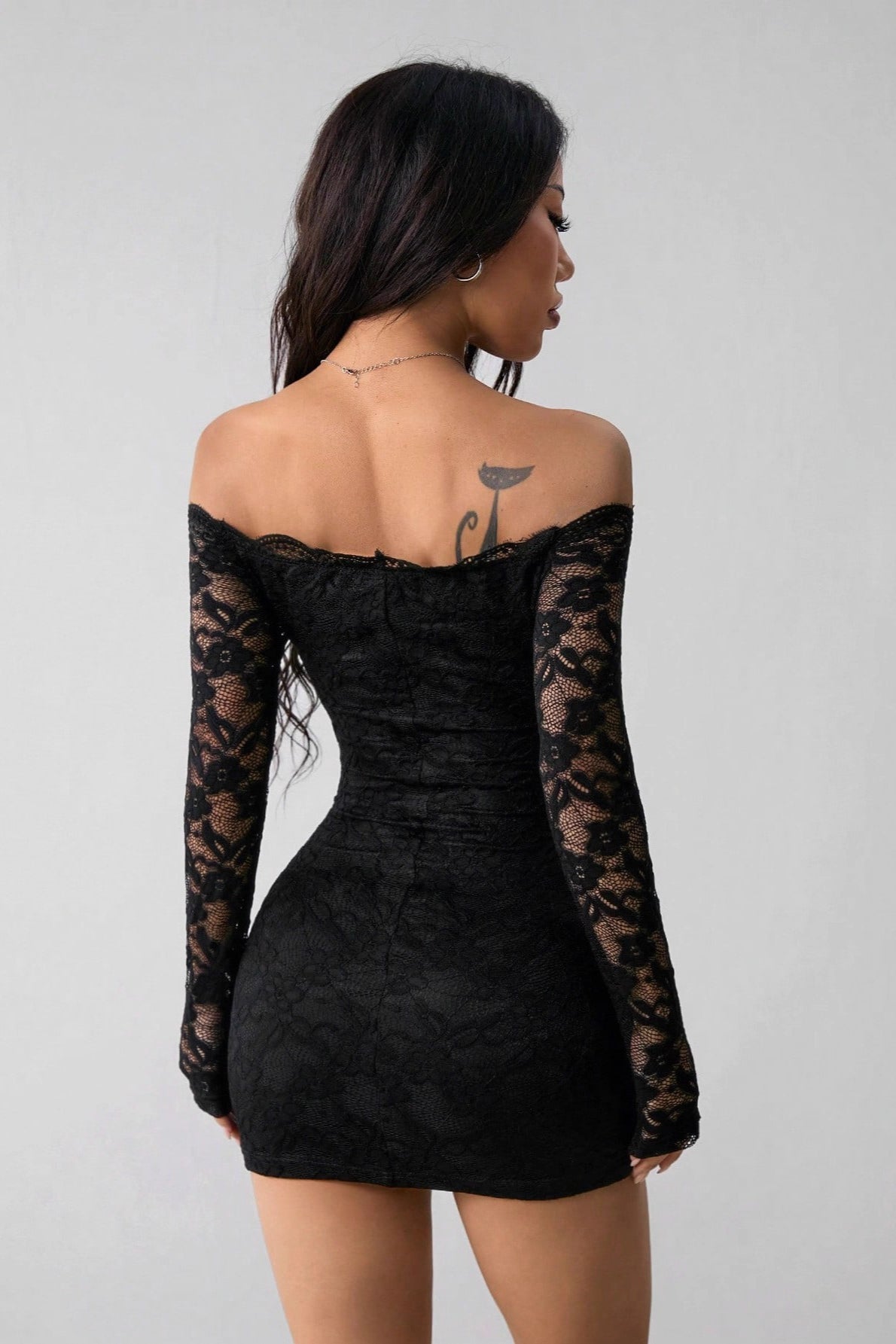 Off Shoulder Long Sleeve Slim Lace Dress - View 5 | VelvetHem