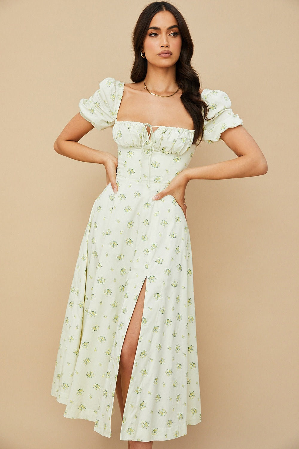 Puff Sleeve Wrap Slit Maxi Flower Dress