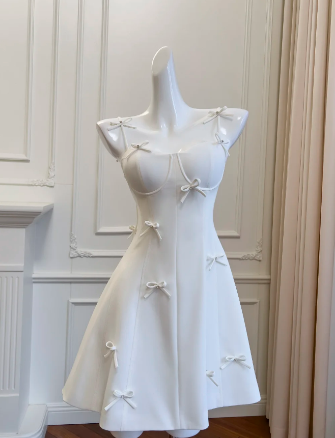 Cute White A-Line Satin Homecoming Dress Mini Party Dress With Bow - FashionDia
