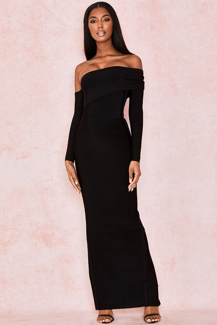 Elegant Off Shoulder Slit Back Bandage Maxi Evening Dress - Black - VelvetHem