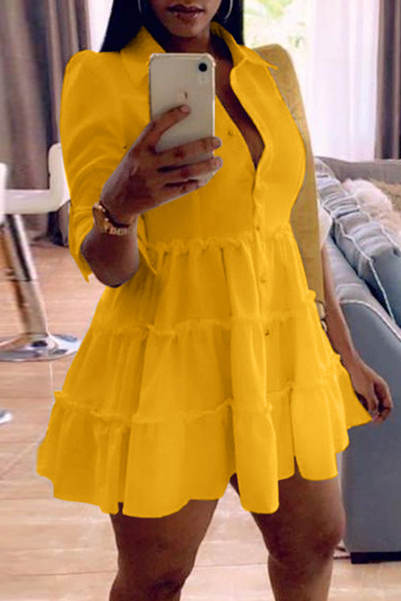 Fashion Casual Solid Turndown Collar Shirt Dress - Fashionpara