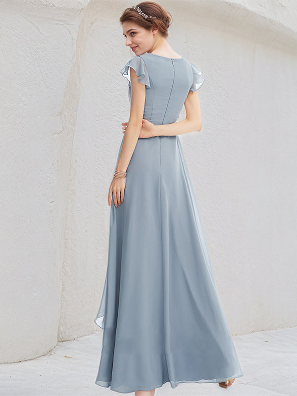 Dusty Blue A-Line V-Neck Floor-Length Chiffon Bridesmaid Dress With Ruffle