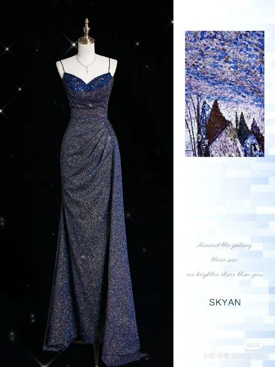 Charming Mermaid Spaghetti Straps Navy Blue Sequin Pleated Prom Dress Evening Dress