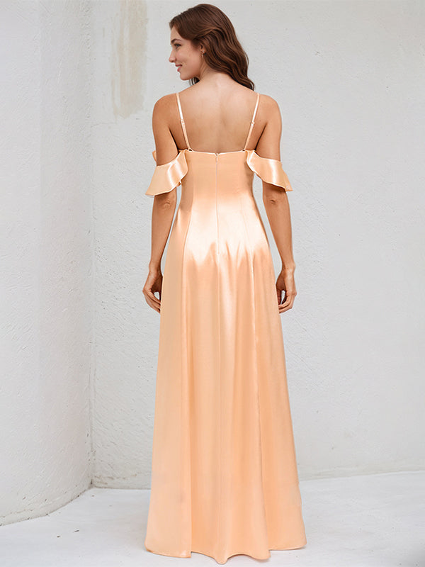 Coral Satin A Line Spaghetti Straps Sleeveless Floor Length Bridesmaid Dress With Ruffles
