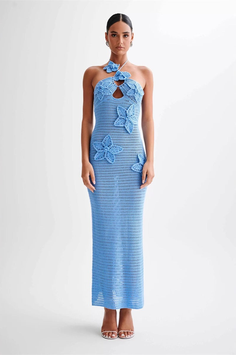 Cut-Out Halter Appliqu� Fitted Bodycon Maxi Sweater Dress - VelvetHem