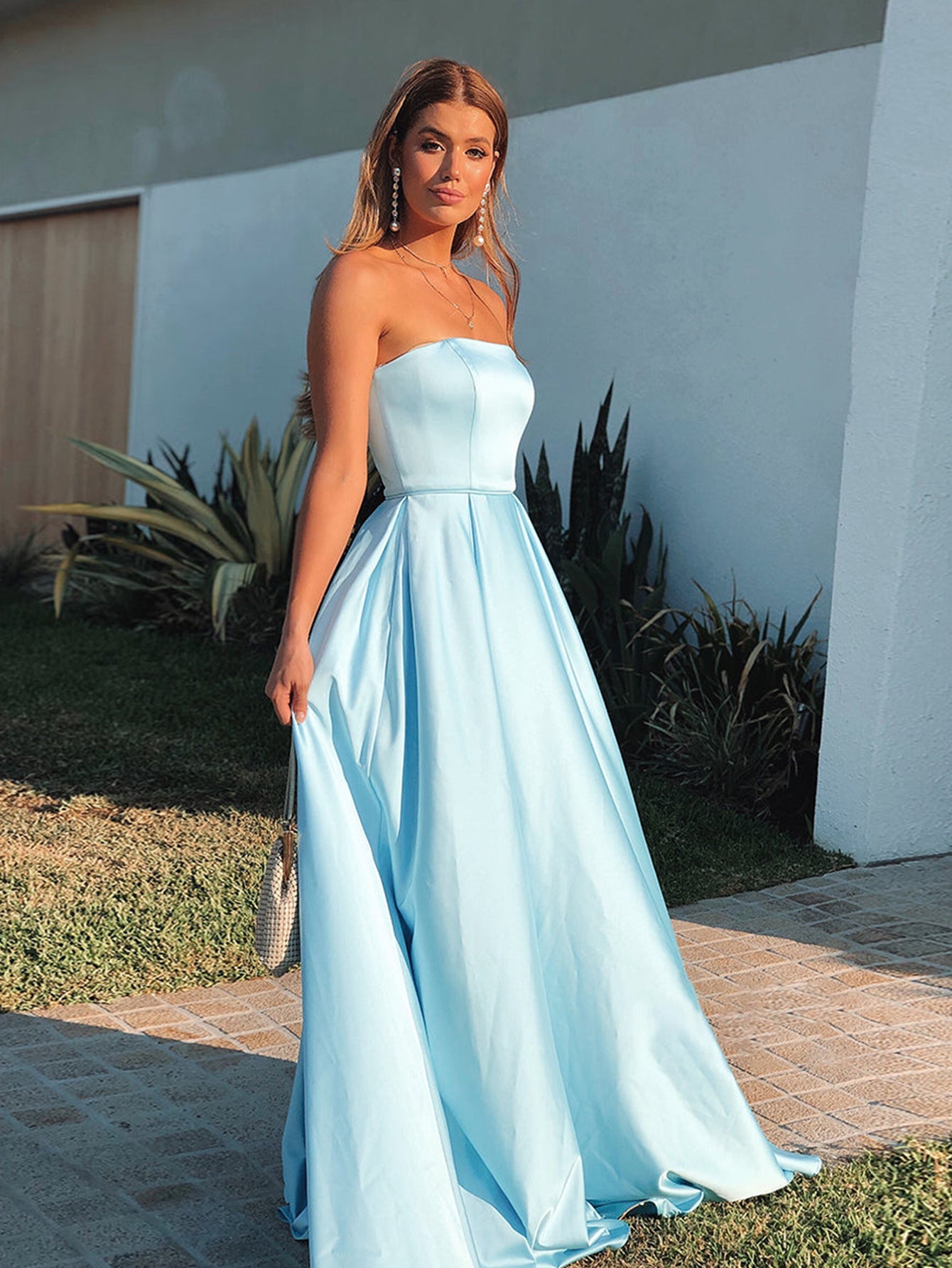 Sky Blue Strapless Tight Long Prom Dress - Fashionpara