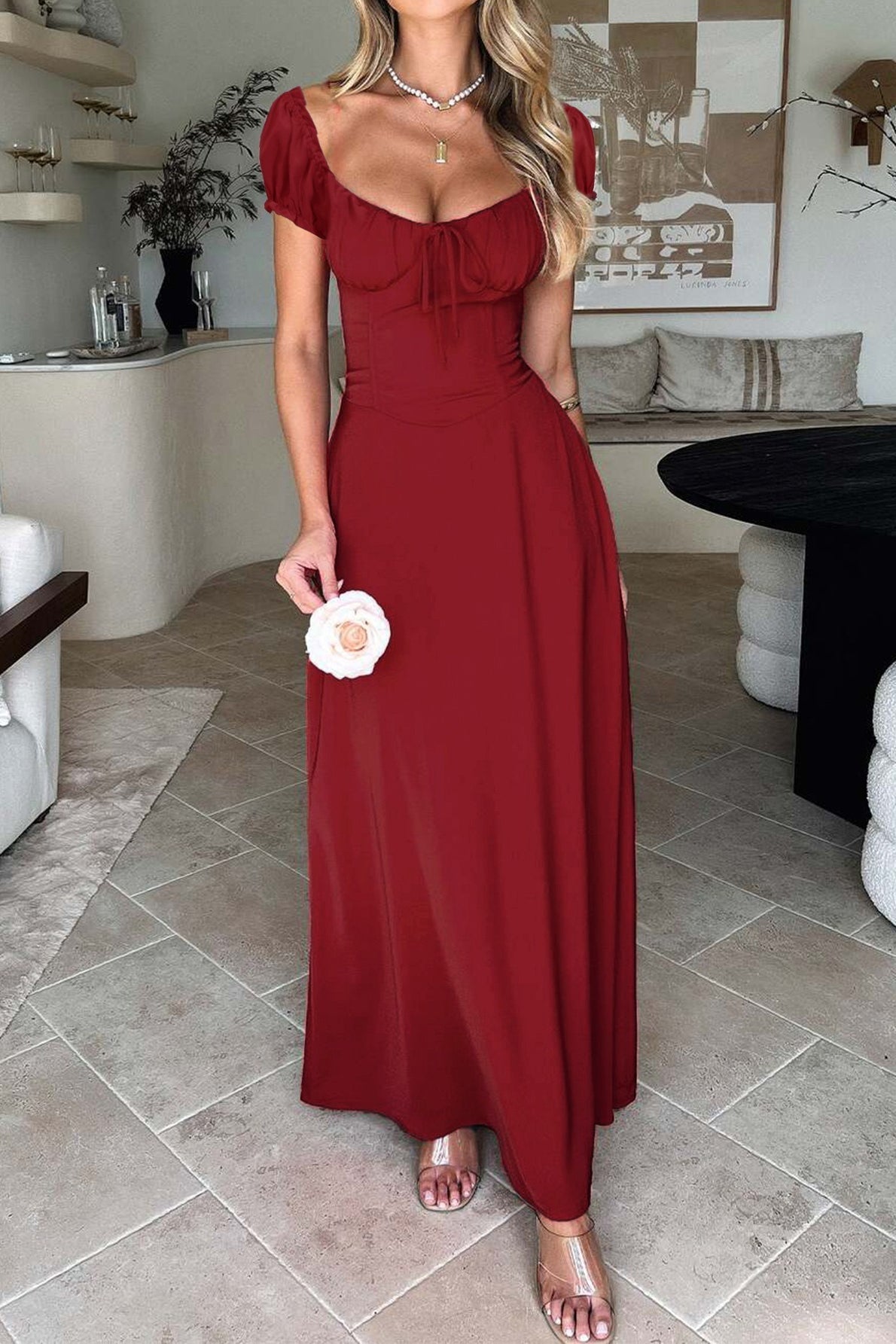 Ruched Puff Sleeve Maxi Work Dress - View 10 | VelvetHem