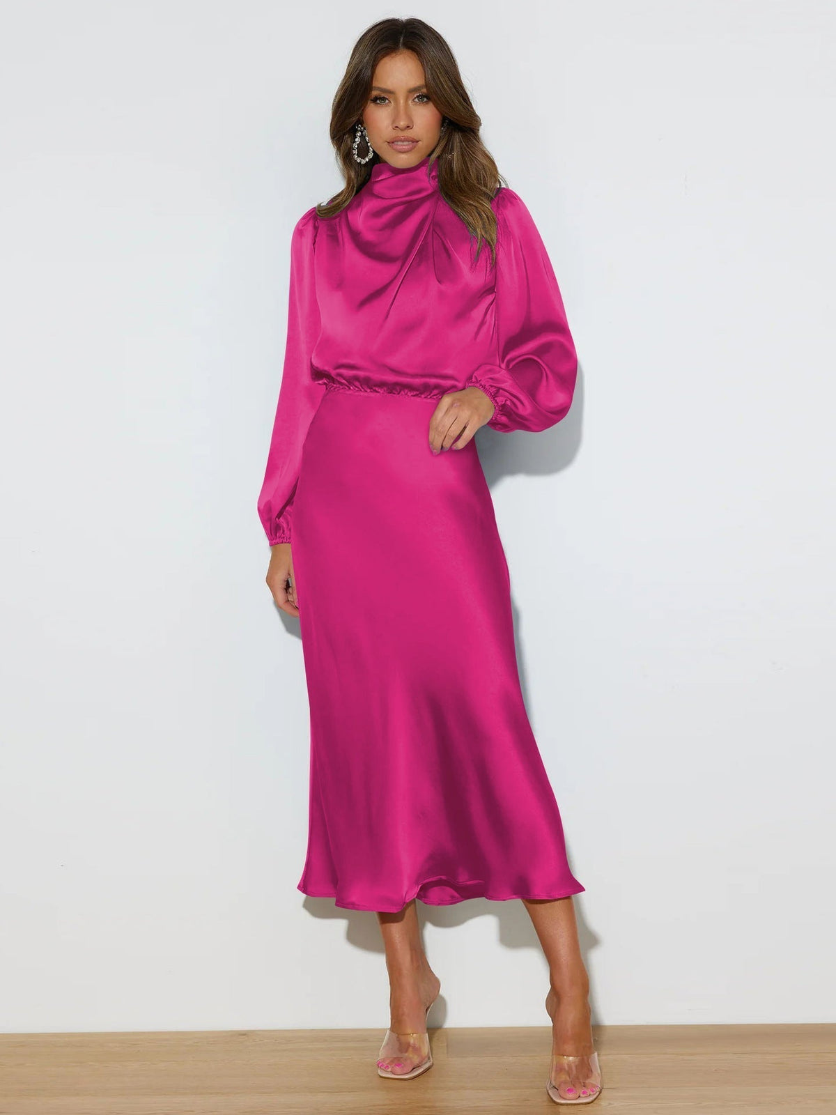 Autumn High Grade Satin Long Sleeve Loose Dress Elegant Women Dress Evening Dress Dress - View 3 | VelvetHem