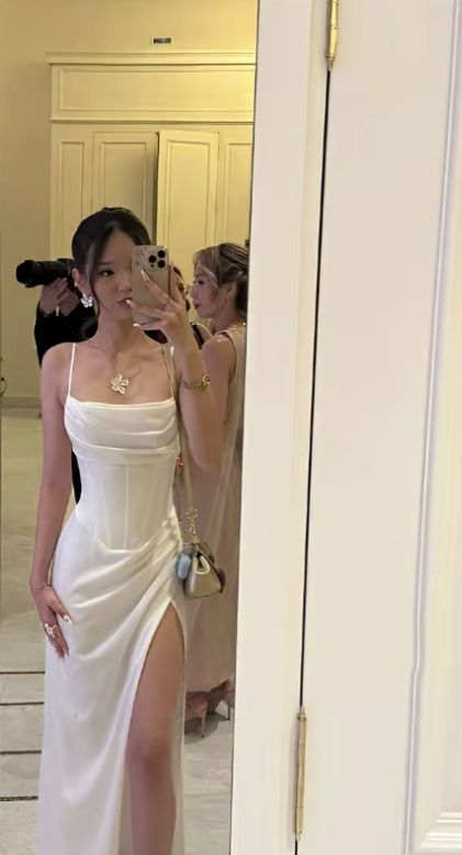 Spaghetti Strap White Sheath Graduation Dress With Slit  J9953