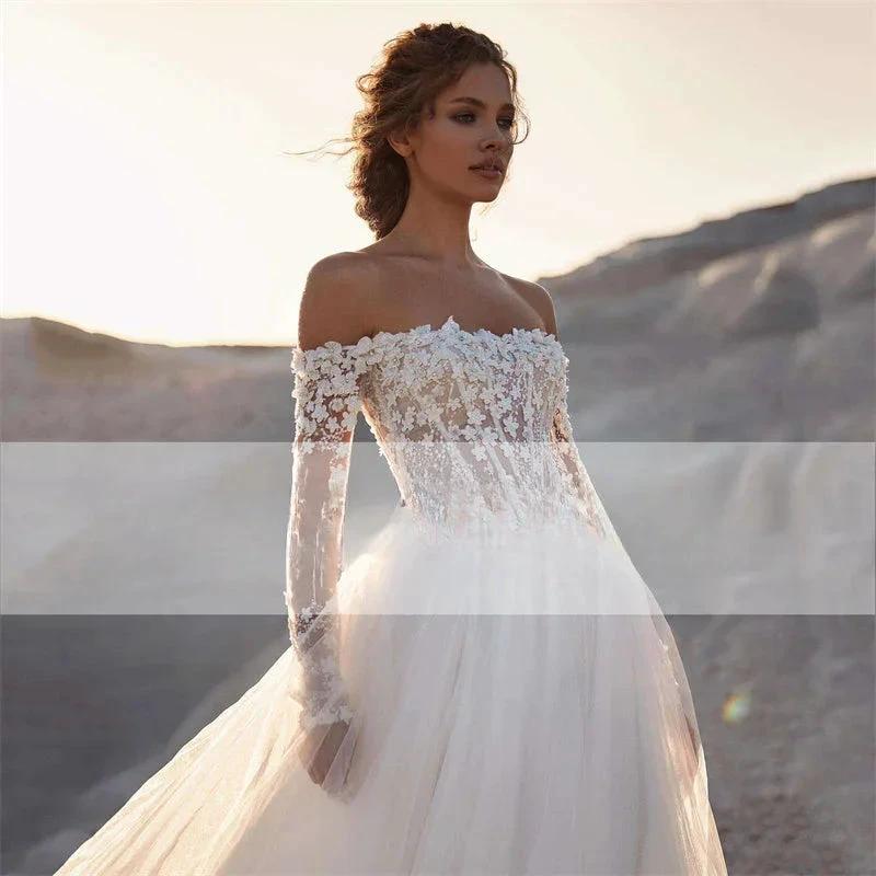 Elegant A-Line Wedding Dress 2023 Women Lace Open Back Strapless Long Detachable Sleeve Bridal Gown Sweep Train Vestido De Noiva (ZD13357)