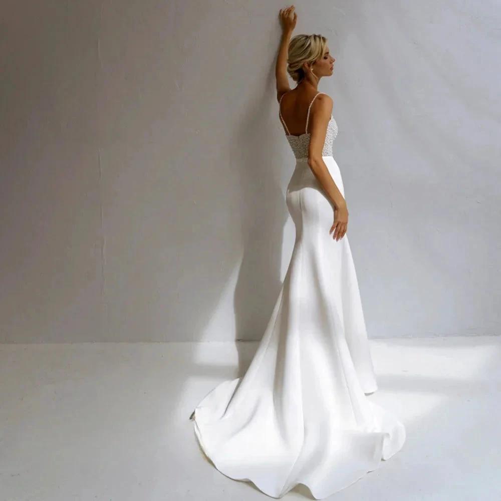 Shinning Sheath Pearl Wedding Dresses Spaghetti Strap Satiin Beads V-Neck For Women Robe De Mariée Formal Brides Gown (ZD13381)