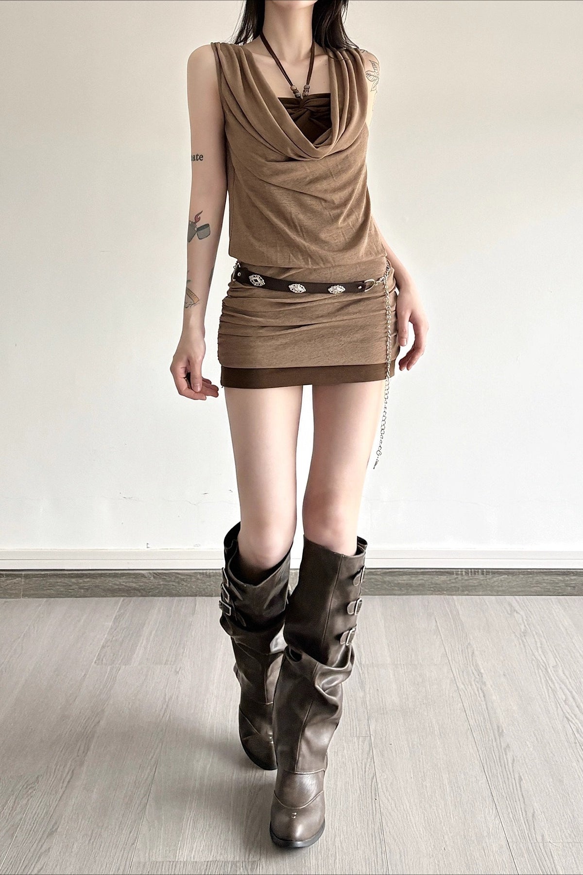 Distressed Draped Neck Beaded Two Piece Bodycon Mini Dress