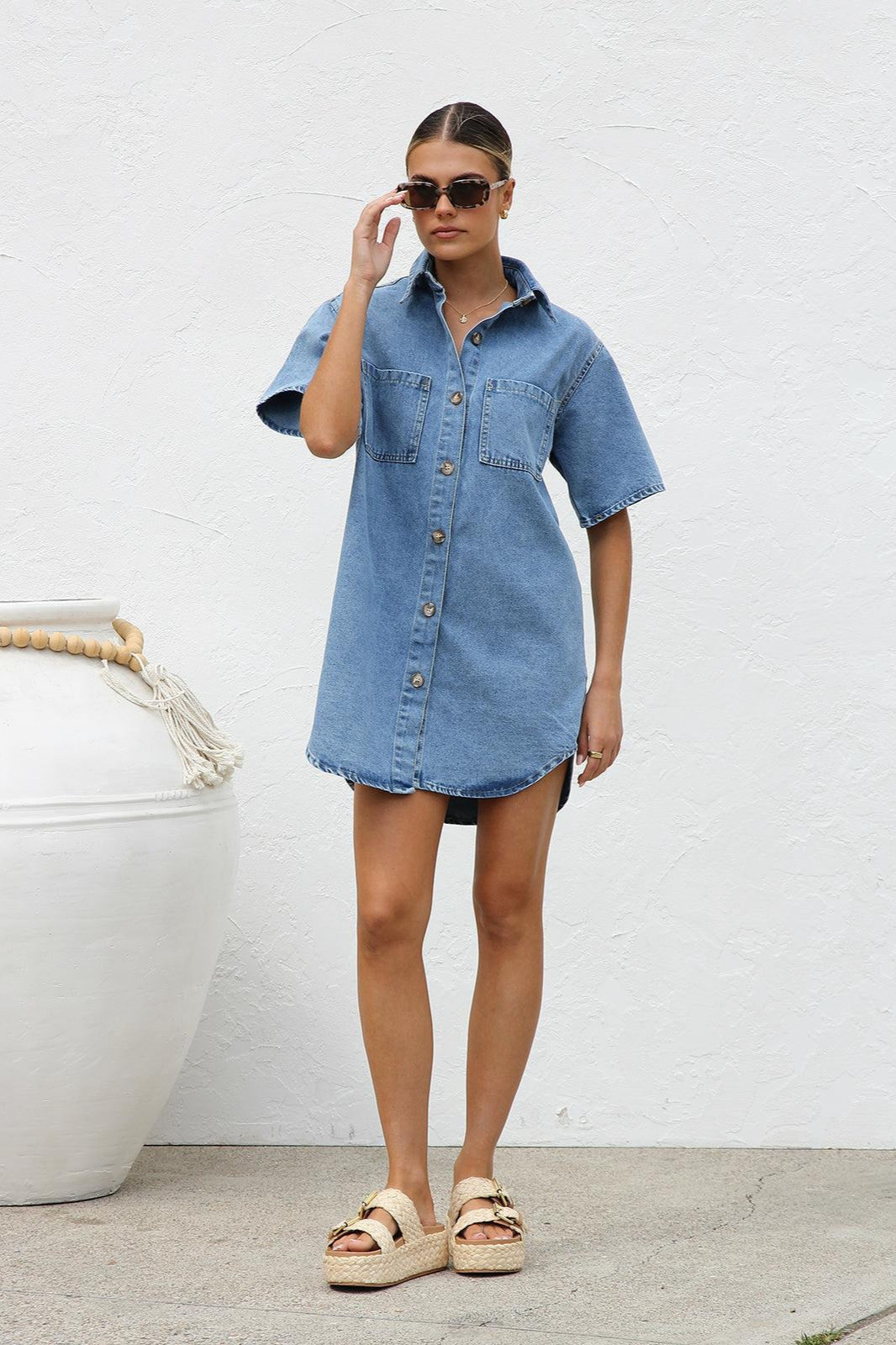 Short Sleeve Shirt Denim Dress - View 8 | VelvetHem
