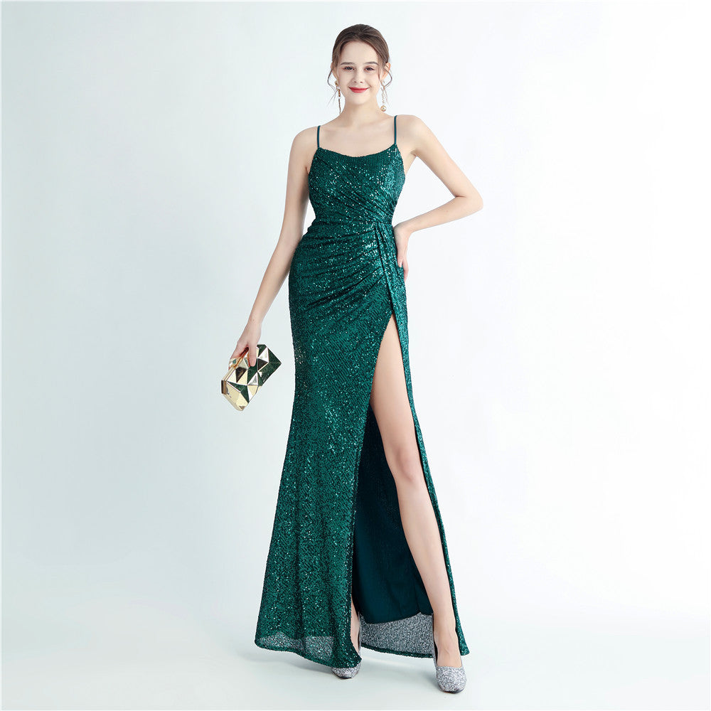 High Density Sequin Pleated Side Slit Sling Long Evening Dress - VelvetHem