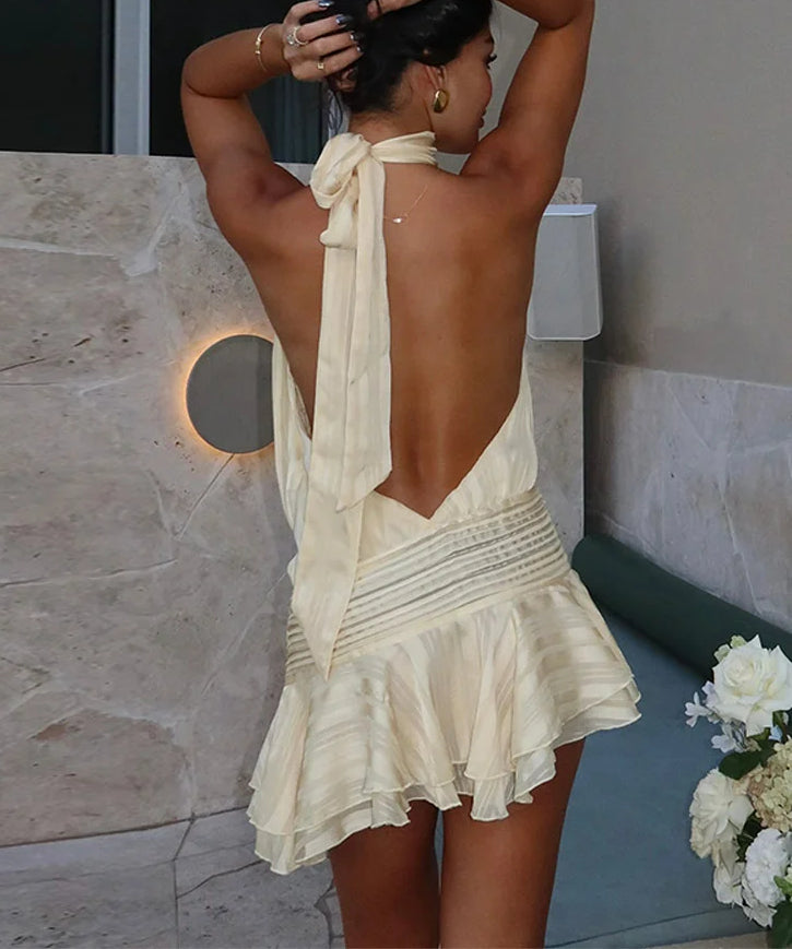 Solid Ruffle Lace-Up Backless Mini Dress - VelvetHem