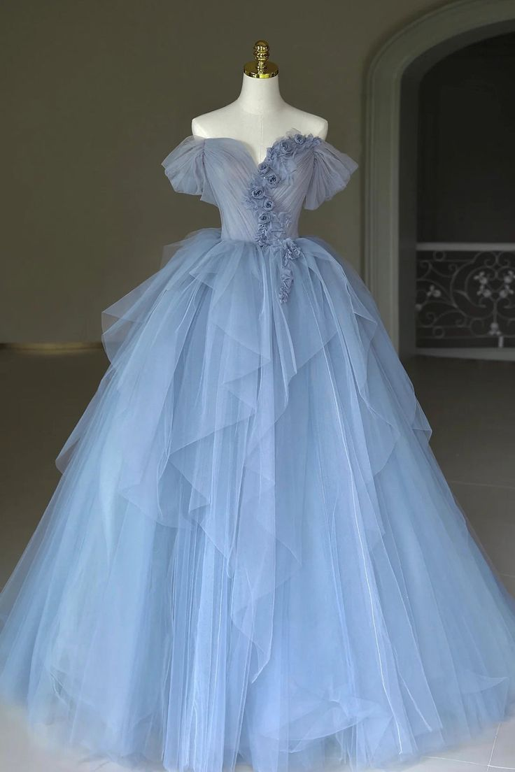 Blue Tulle Appliques Long Prom Dress, Off the Shoulder Evening Dress Ball Gown