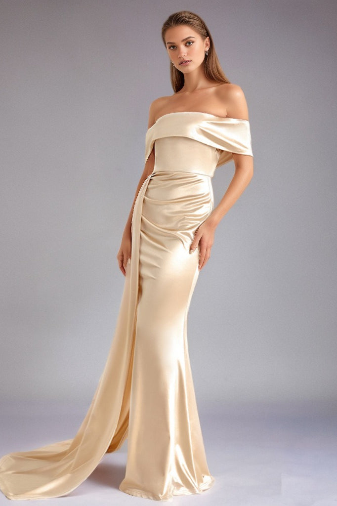 Solid Satin Off-Shoulder High-Waist Mermaid Silk Dress - View 2 | VelvetHem