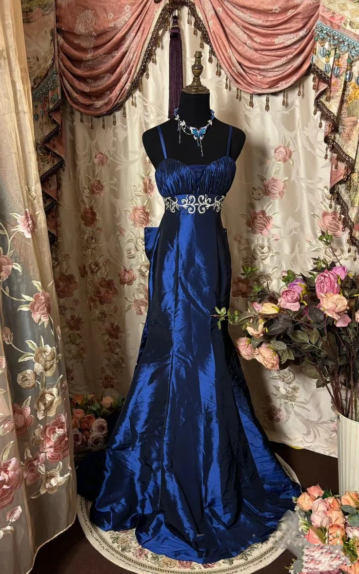 Spaghetti Straps Royal Blue Mermaid Long Prom Dress Vintage Evening Dress