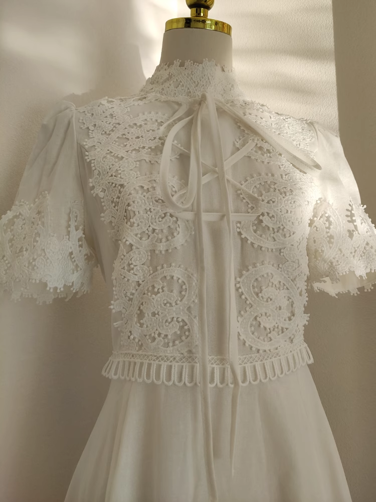 Cute A-Line High Neckline Short Sleeves Lace White Party Dress Chiffon Holiday Dresses - View 4 | FashionDia