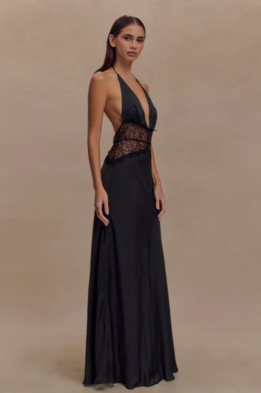 Deep V High-Waist Halter Backless Midi Silk Dress - View 2 | VelvetHem
