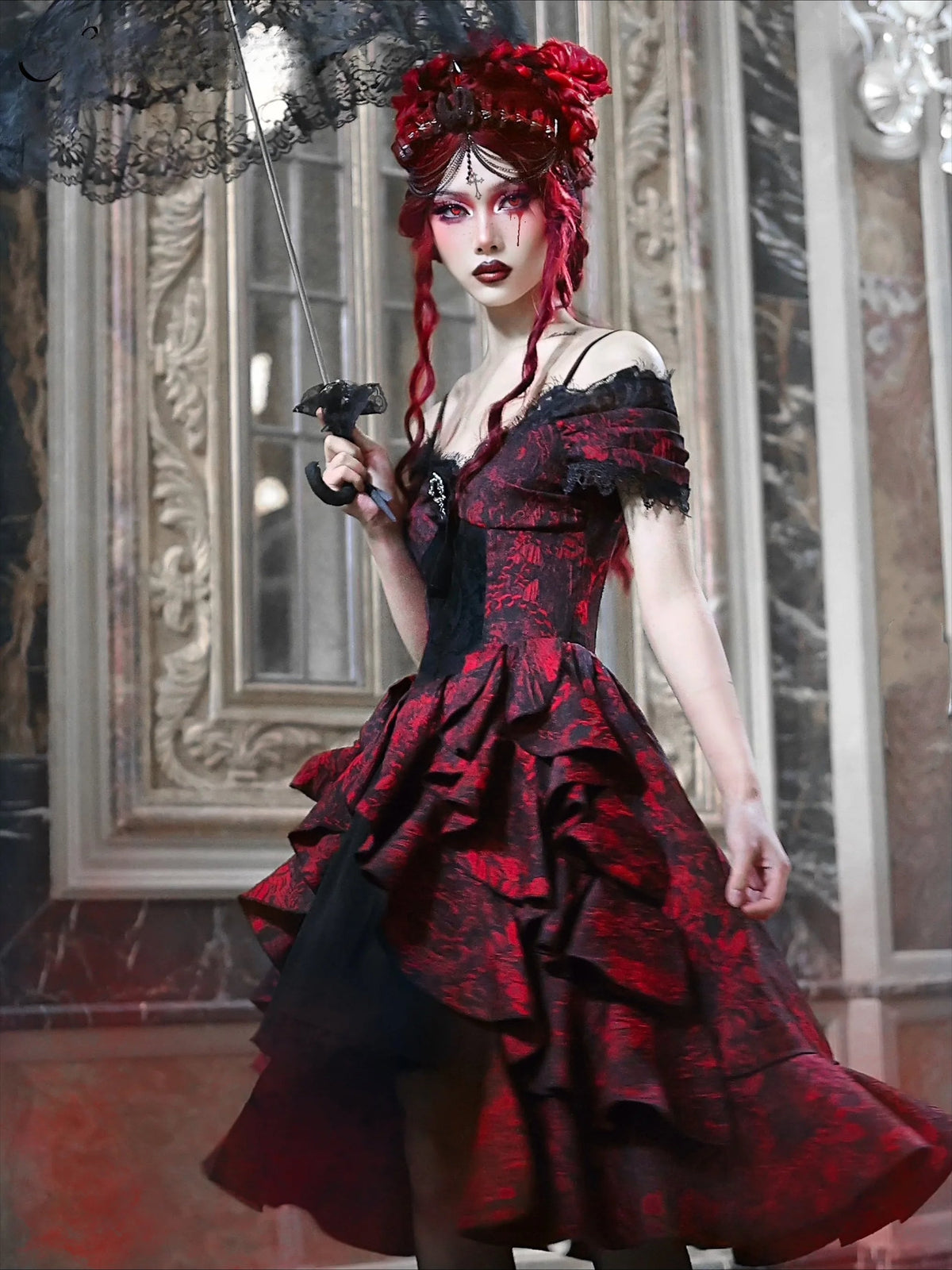Japanese Gothic Style Red Black Halloween Off-Shoulder Court Wave Autumn Dark High-Waist Lolita Party Dress - View 4 | VelvetHem