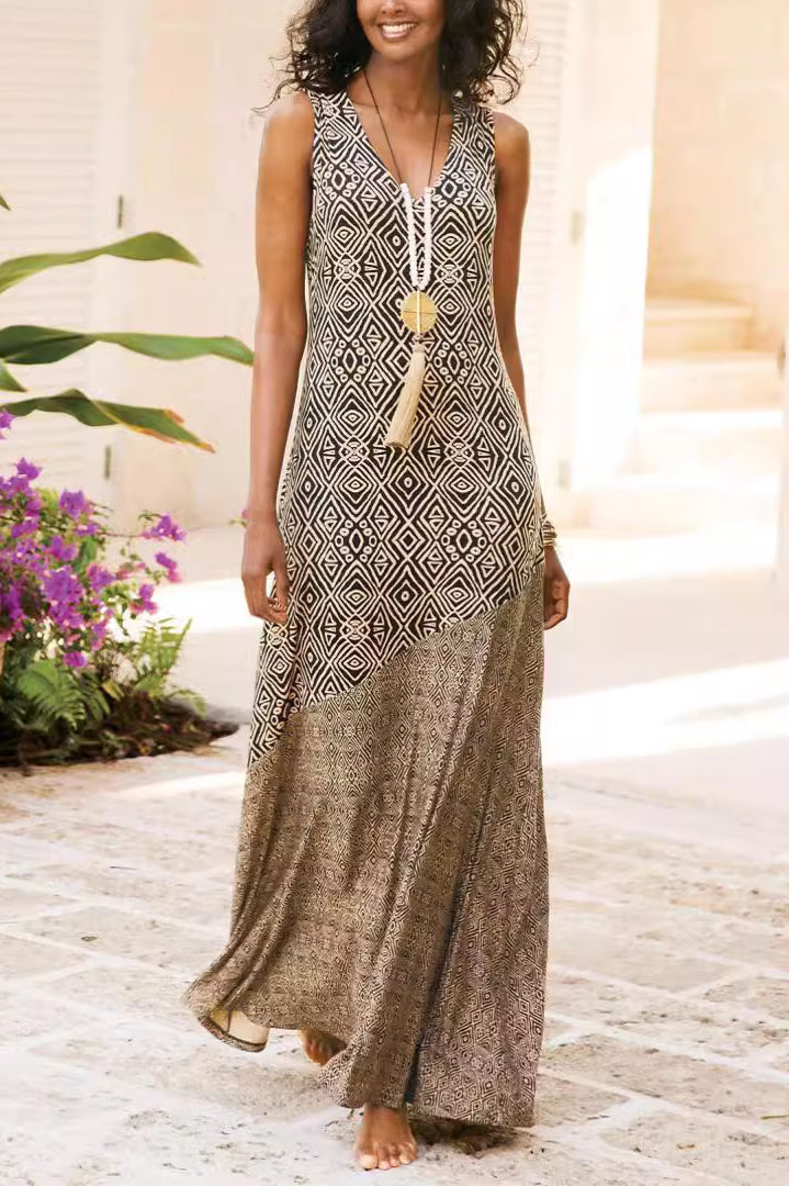 Printed Splicing Boho Dress with Relaxed Fit and Streetwear Style