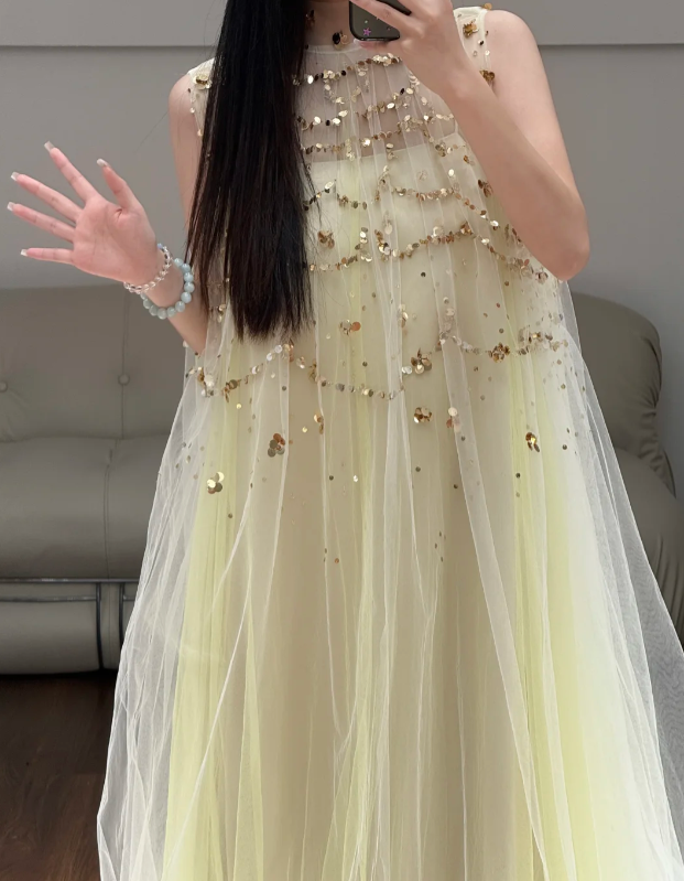 Yellow Tulle Prom Party Dress Sequin Evening Dress Party Dress - View 2 | VelvetHem