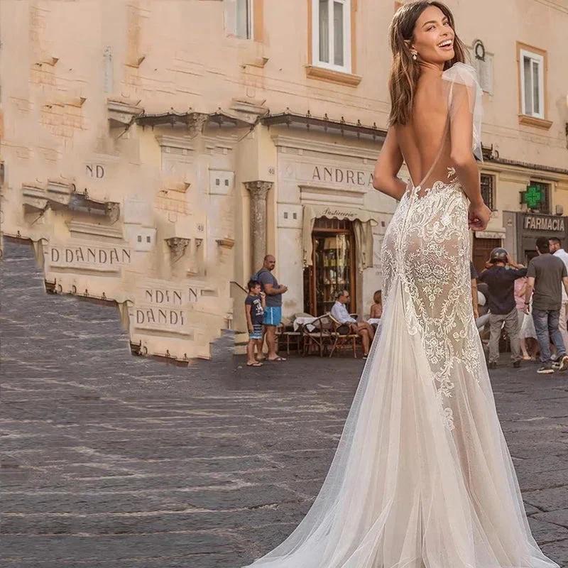 Elegant Scoop Neck Backless Mermaid Wedding Dress Simple Sleeveless Spaghetti Strap Bride Party Romantic Tulle Applique (ZD13562)