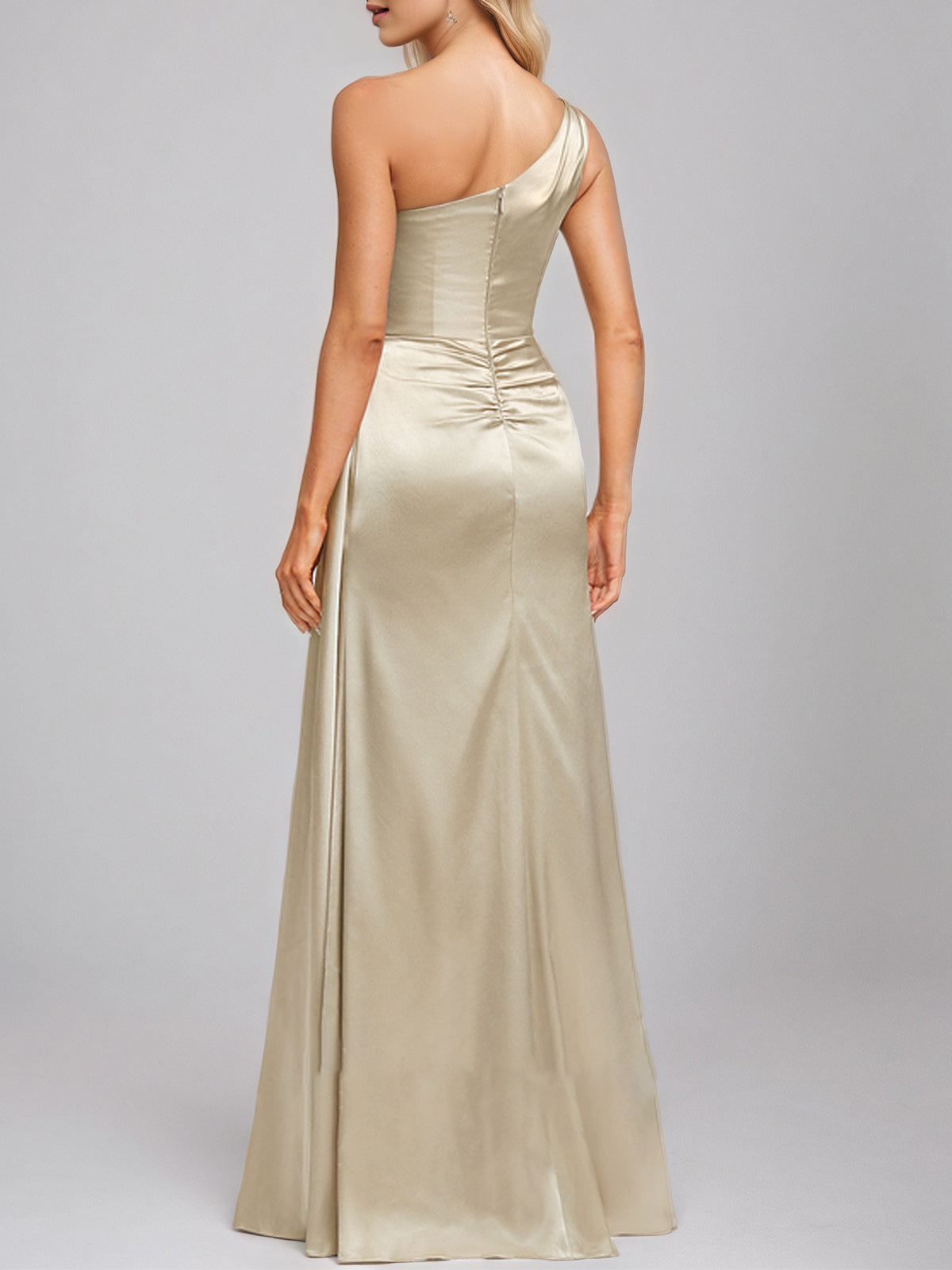 Sand A-Line One Shoulder Floor-Length Satin Bridesmaid Dress With Ruffle