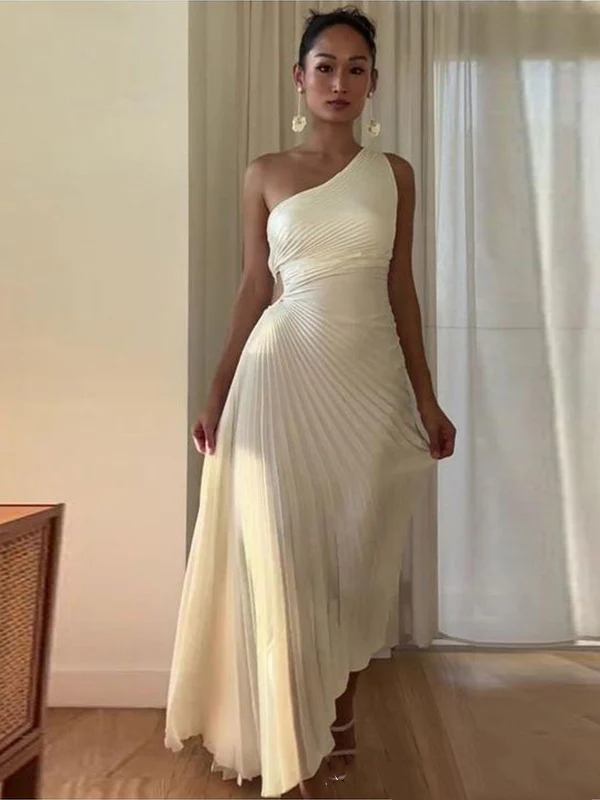 One-Shoulder Mermaid Satin Prom Dresses Pleaded Evening Dress J8848