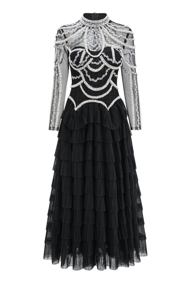 Luxury Crystal Pearl Beaded Drop Waist Tiered Tulle Maxi Evening Dress - VelvetHem