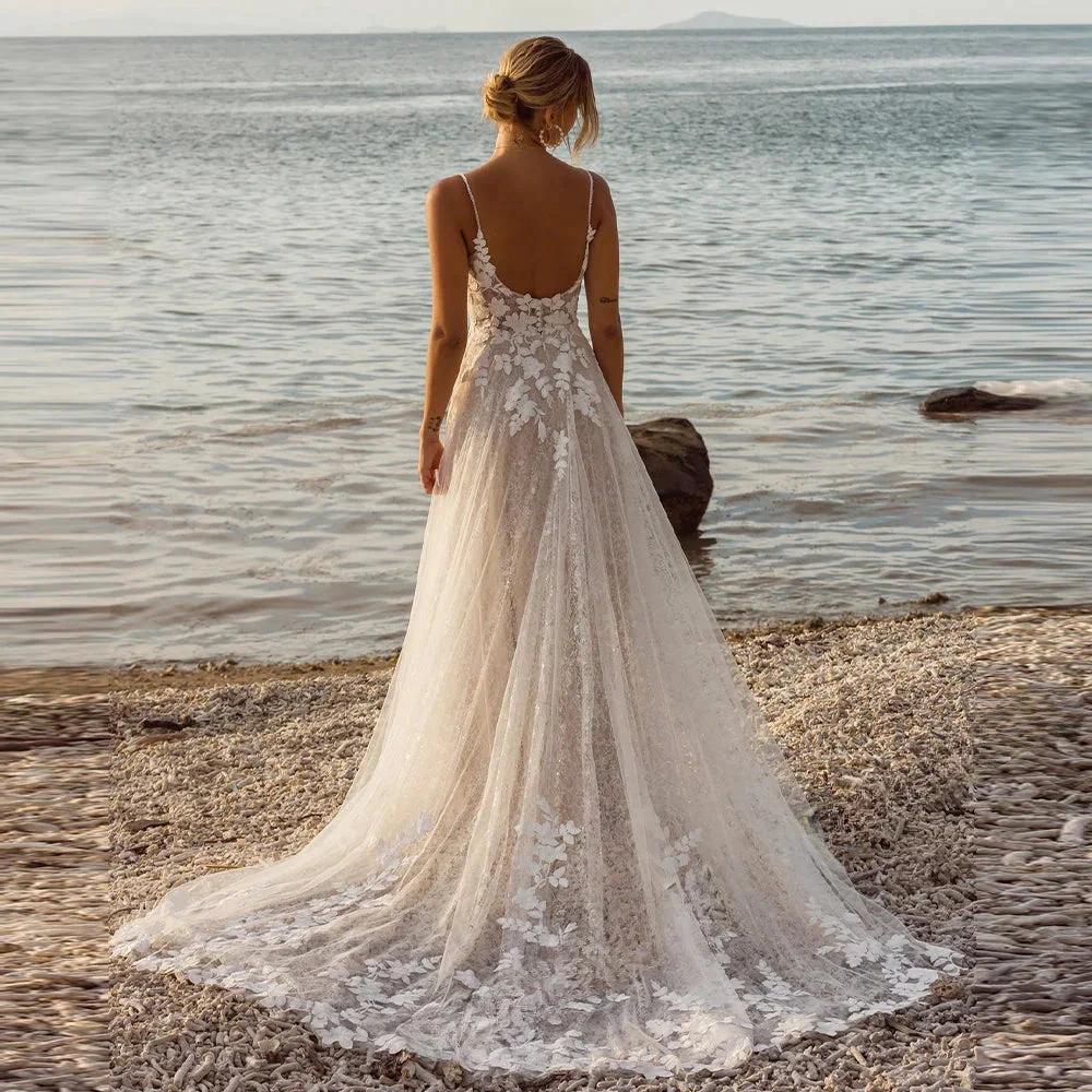 Boho Lace Wedding Dress Spaghetti Straps Deep V-Neck A-Line Bridal Gown with 3D Floral Appliqués